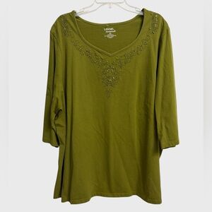 Liz & Me Essentials V-Neck Embroidered Top Women's Sz 2X Olive Green Beaded